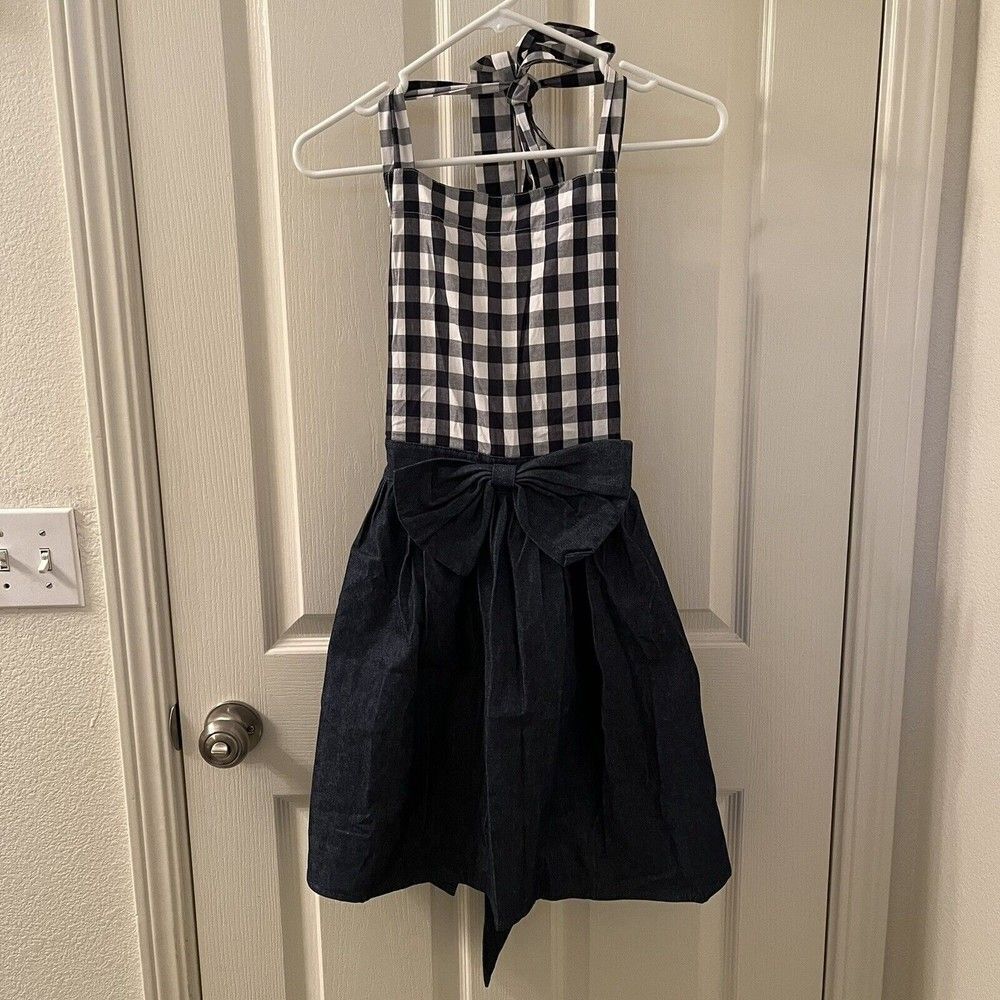 Neoviva Navy Blue Gingham Denim Apron Bow Cotton Pockets Women's